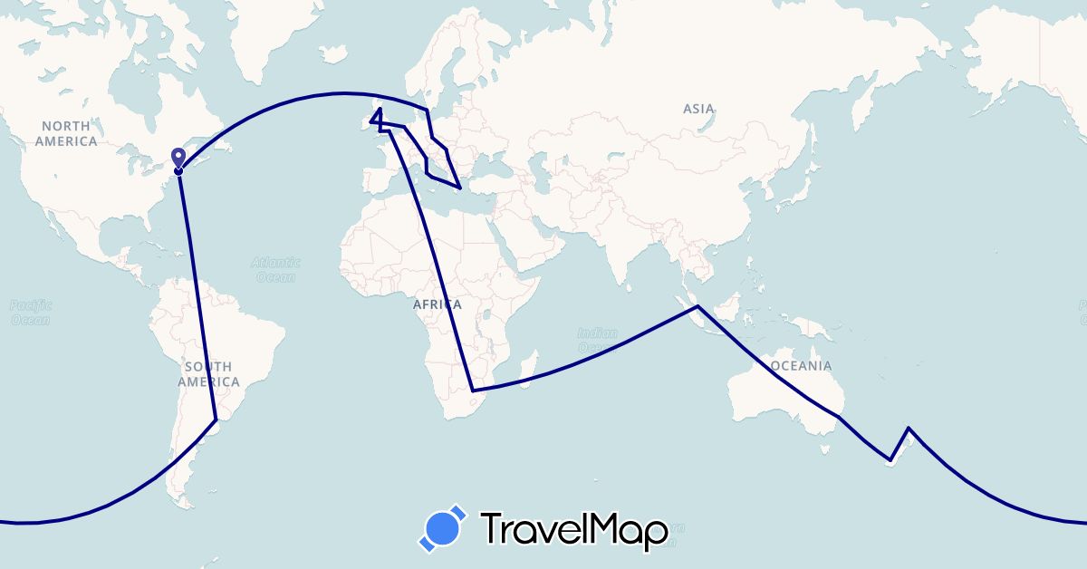 TravelMap itinerary: driving in Argentina, Australia, Czech Republic, Denmark, United Kingdom, Greece, Hungary, Ireland, Italy, Netherlands, New Zealand, Serbia, Singapore, United States, South Africa (Africa, Asia, Europe, North America, Oceania, South America)